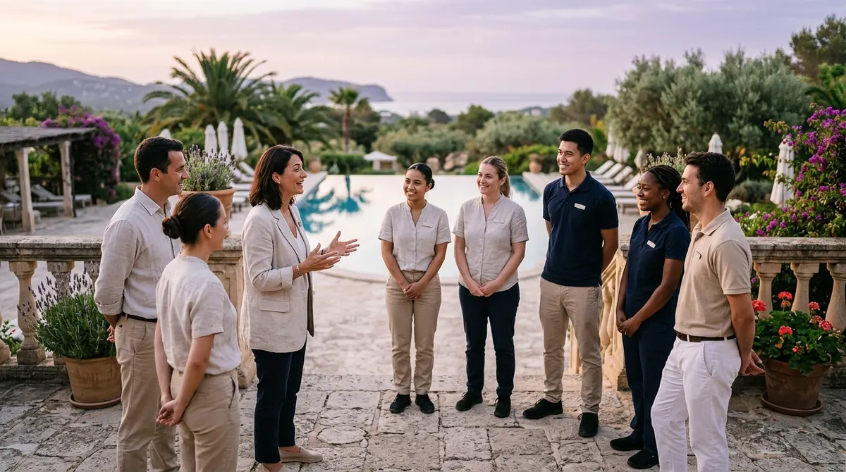 Equipo de un hotel de Mallorca reunido en la terraza antes de empezar la temporada
