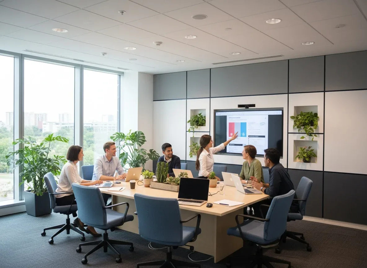 Equipo en una reunión de trabajo en una sala con plantas