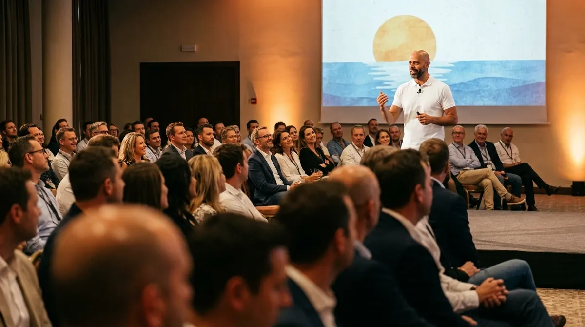 Andoni Dharma dando una conferencia a una empresa en un hotel de Mallorca