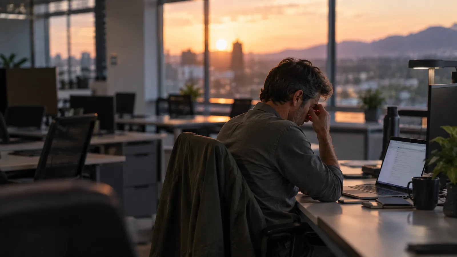 Profesional agotado en una oficina al atardecer, señal del desgaste que precede al absentismo