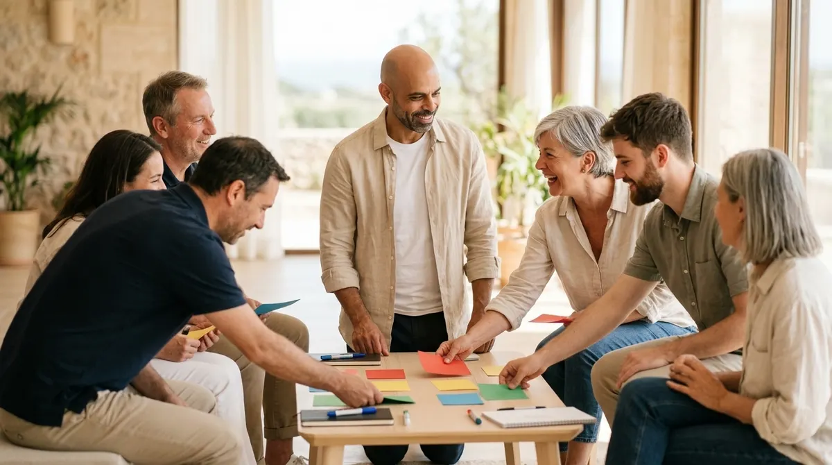 Taller DISC con un equipo colocando tarjetas de colores en Mallorca