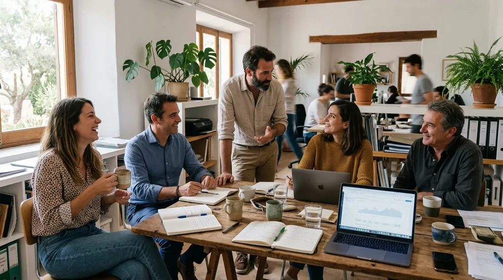 Equipo de una empresa de Mallorca trabajando juntos en la oficina