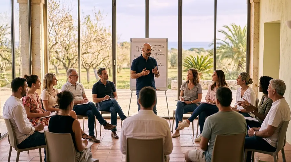 Andoni Dharma dirigiendo un taller de comunicación con un equipo en una finca de Mallorca